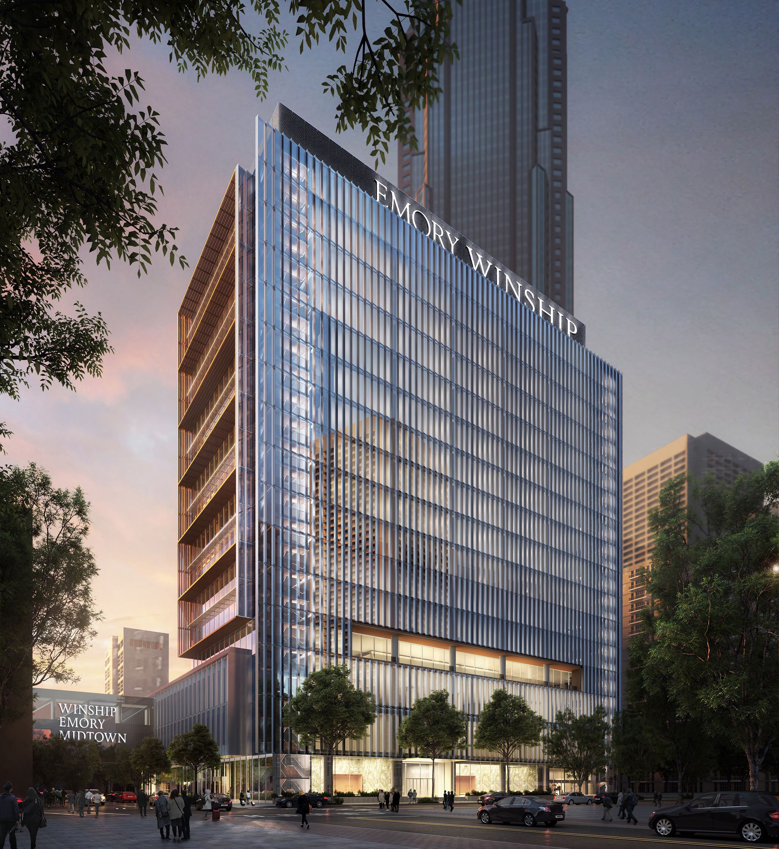 Rendering of exterior Winship at Emory Midtown building