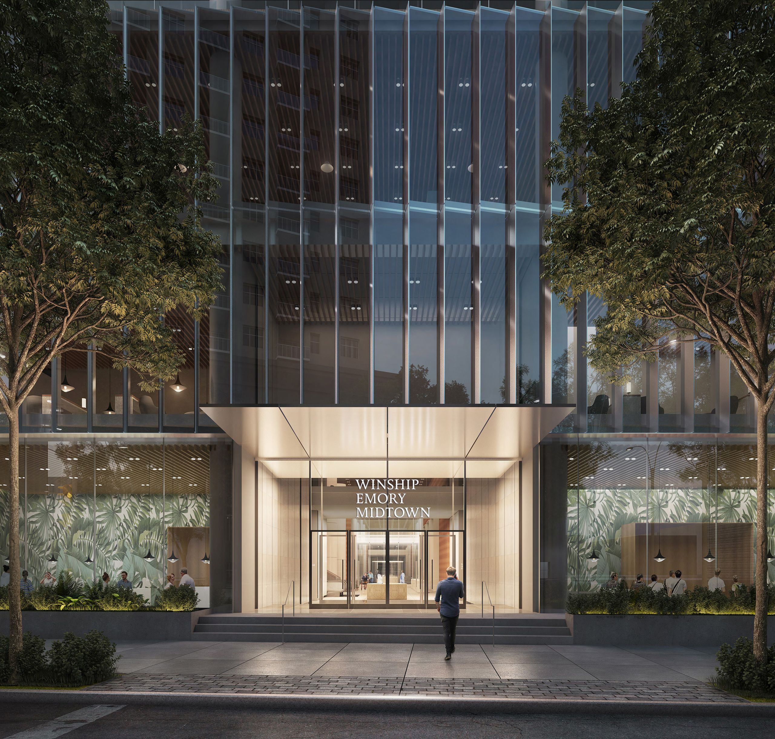 Winship at Emory Midtown rendering of main entrance at nightâİ