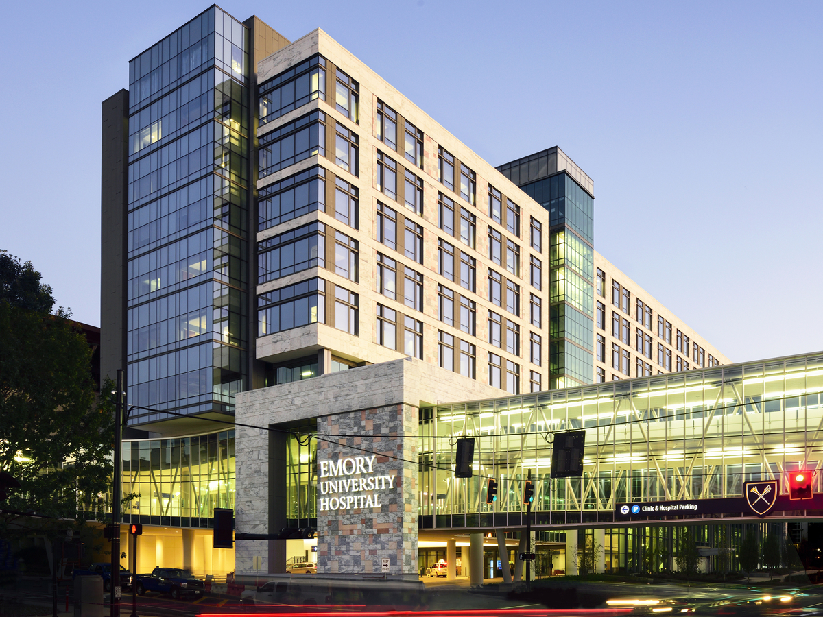Exterior shot at sunset of Emory University Hospital