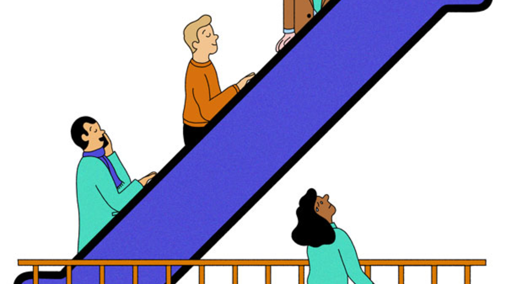Cartoon graphic of three male identifying individuals going up an escalator while a woman identifying person stands at the bottom of the escalator holding a ladder