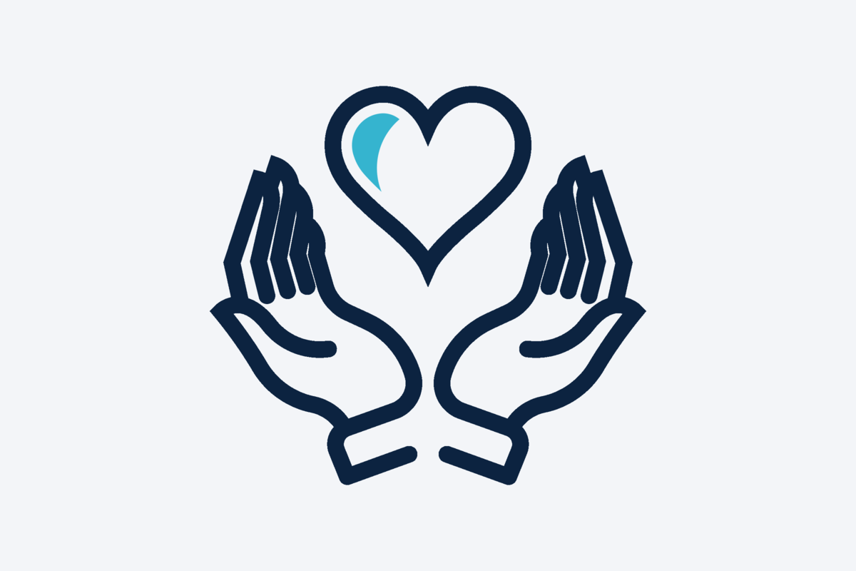 A cartoon graphic of two open hands with a heart floating in between both hands