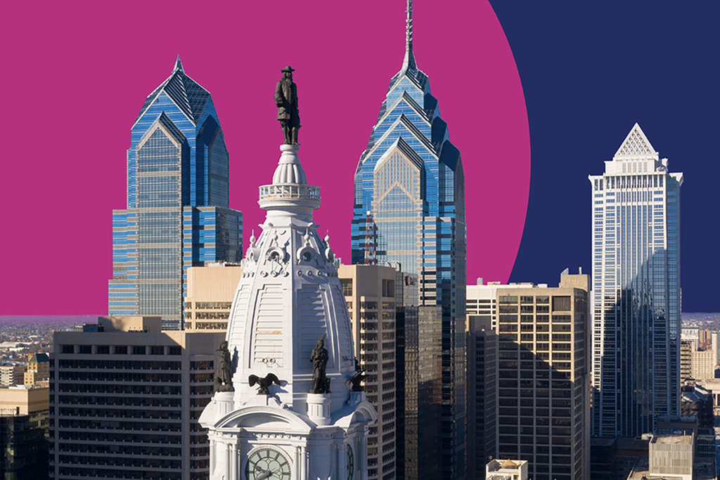 Skyline of a major metropolitan city in the mid-Atlantic region of the United States set against a designed background of a magenta semicircle butted against a dark blue background.