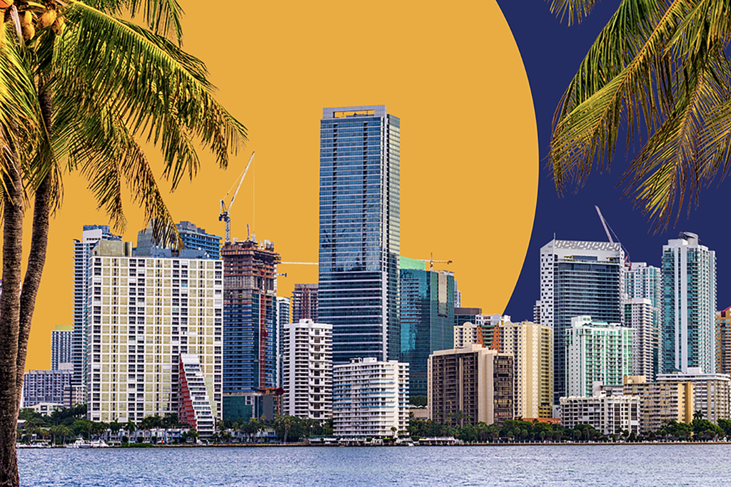 Miami skyline set against a graphically designed background of a yellow semicircle against a blue background.