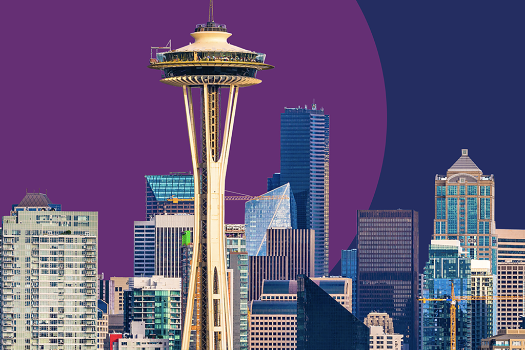 Seattle skyline set against a graphically designed background of a purple semicircle and dark blue background.