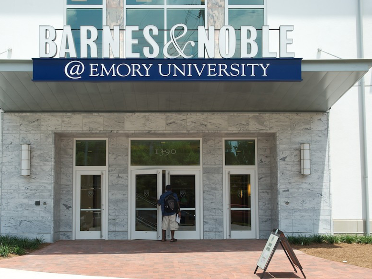 Exterior facade of entrance doors into Emory bookstore.